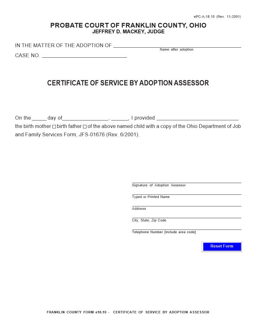 Certificate Of Service By Adoption Assessor  {18.10} | Pdf Fpdf Doc Docx | Ohio
