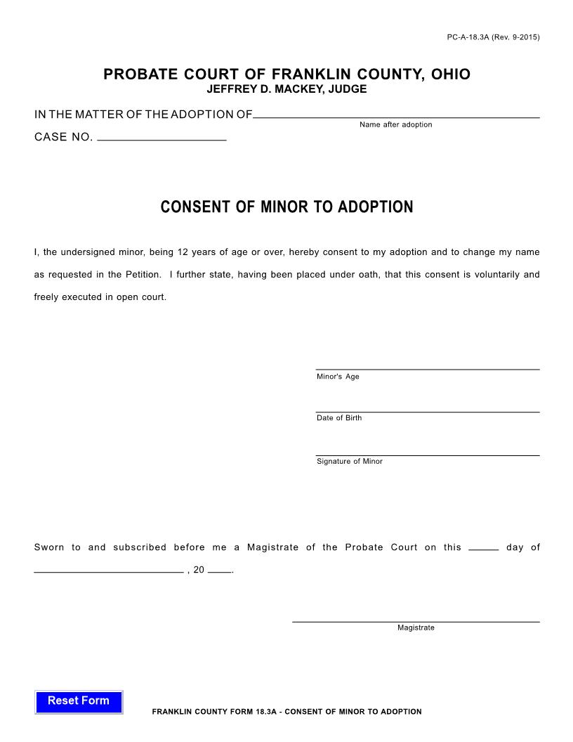 Consent Of Minor To Adoption {18.3A} | Pdf Fpdf Doc Docx | Ohio