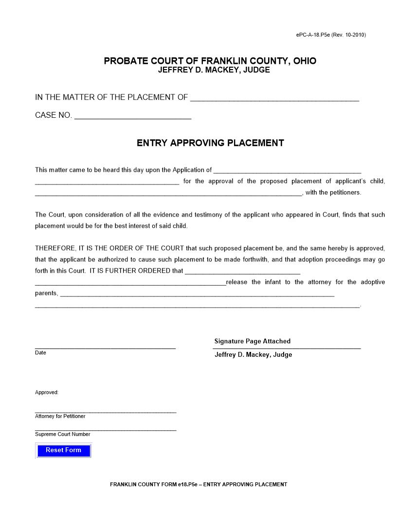 Entry Approving Placement {18.P5} | Pdf Fpdf Doc Docx | Ohio