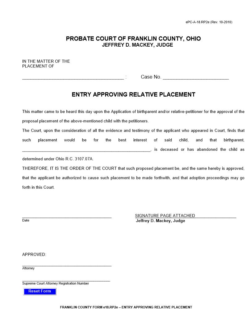 Entry Approving Relative Placement {18.RP2e} | Pdf Fpdf Doc Docx | Ohio