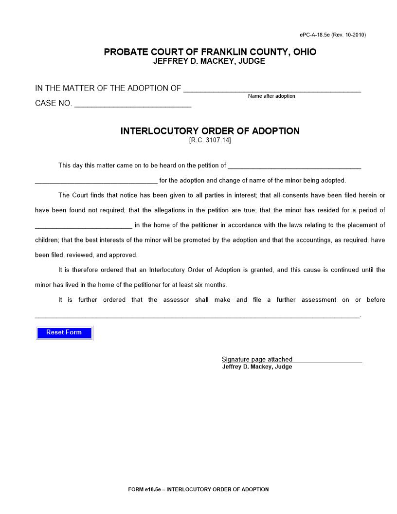 Interlocutory Order Of Adoption {18.5E} | Pdf Fpdf Doc Docx | Ohio