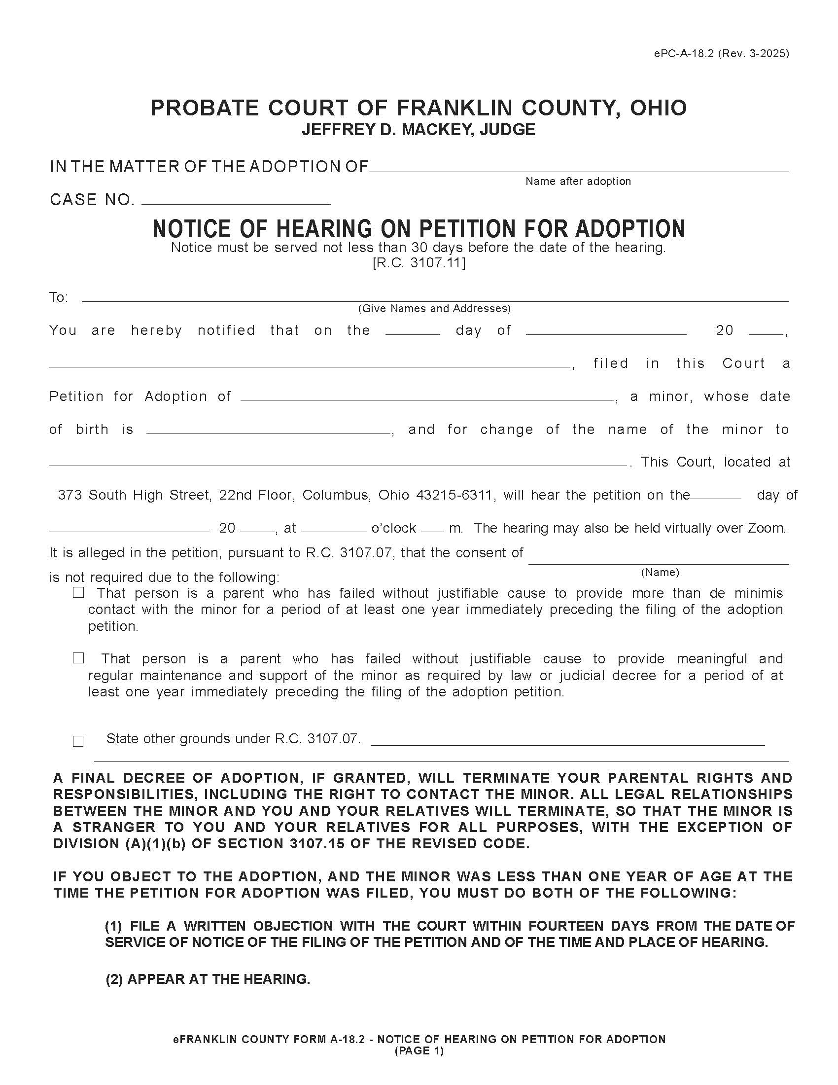Notice Of Hearing On Petition For Adoption (Franklin) {18.2} | Pdf Fpdf Doc Docx | Ohio