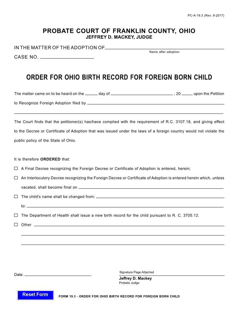 Order For Ohio Birth Record For Foreign Born Child {19.3} | Pdf Fpdf Docx | Ohio