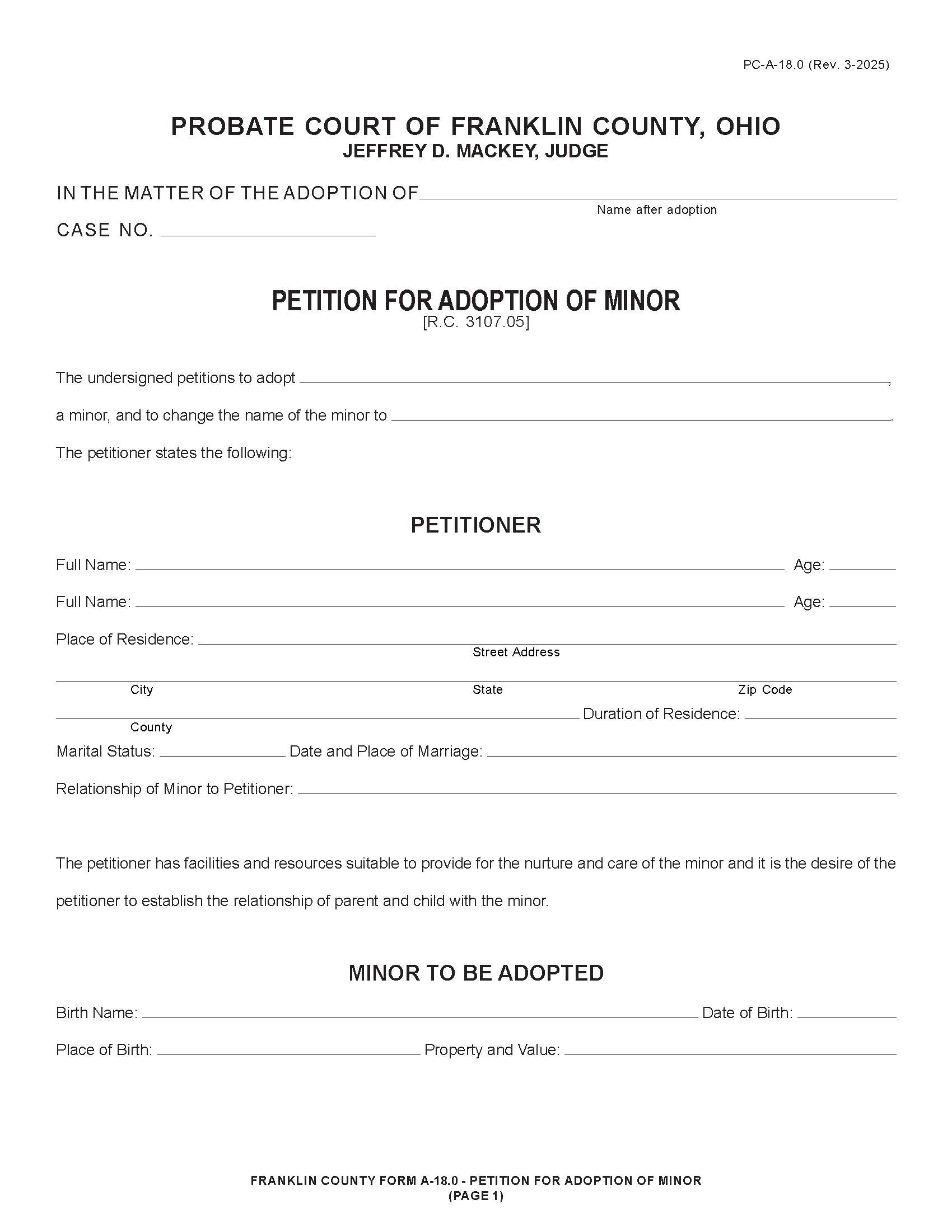 Petition For Adoption Of Minor  {18.0} | Pdf Fpdf Doc Docx | Ohio