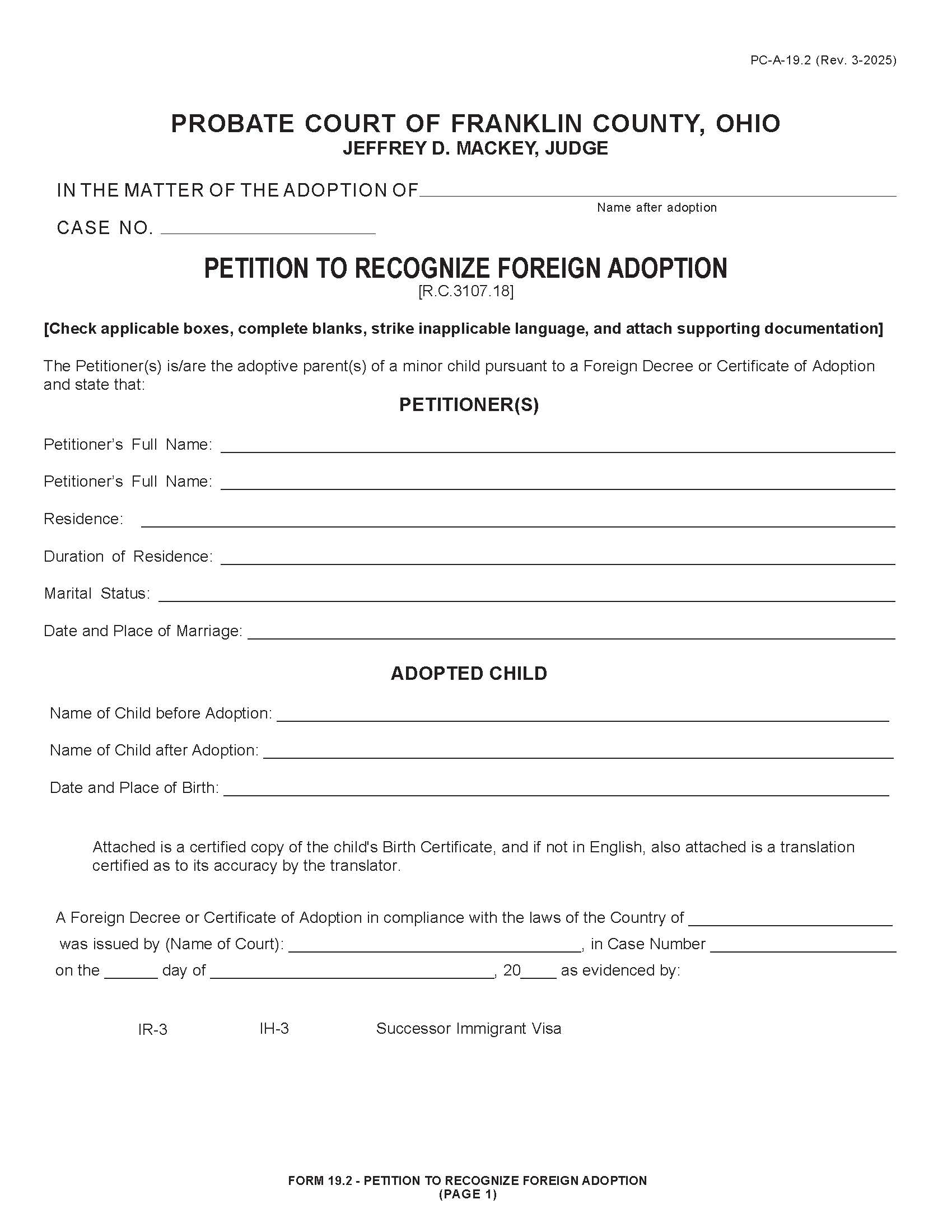 Petition To Recognize Foreign Adoption {19.2} | Pdf Fpdf Doc Docx | Ohio