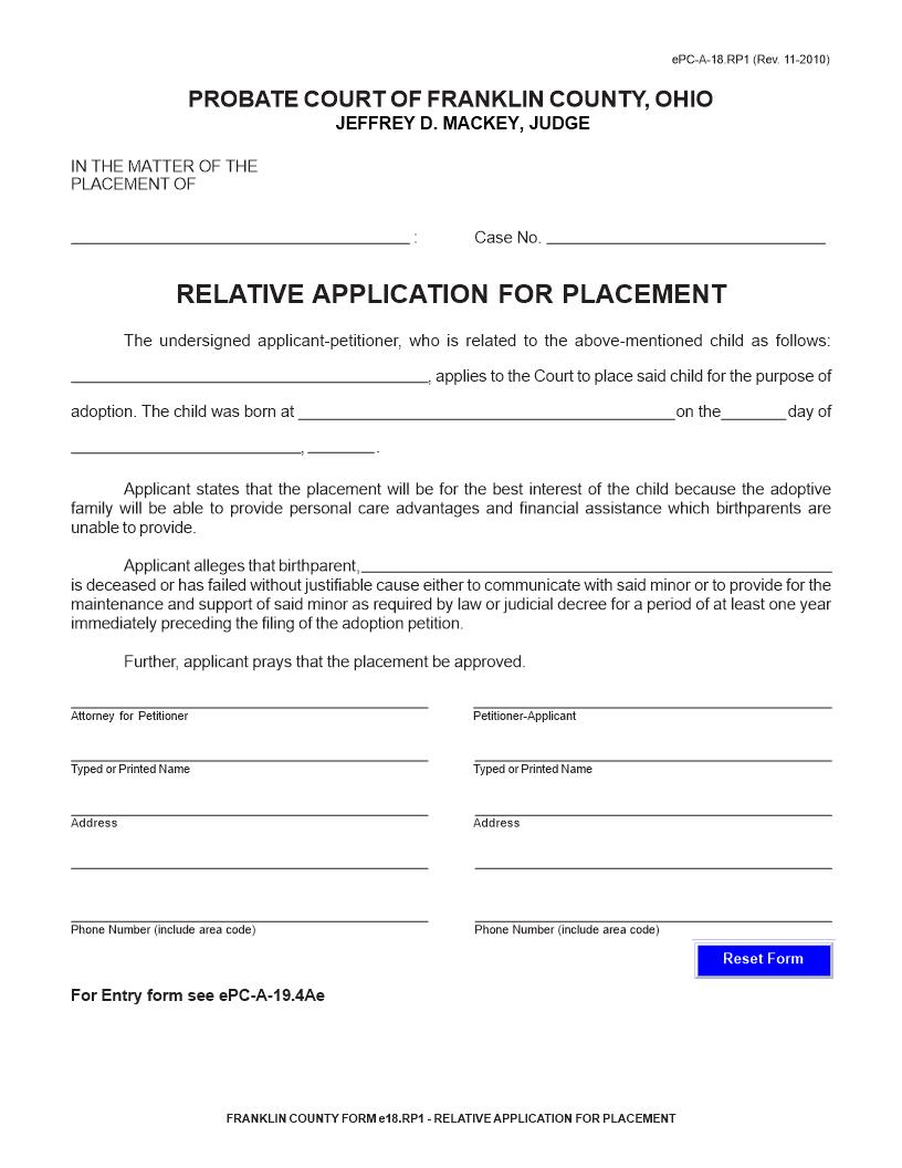 Relative Applcation For Placement {18.RP1} | Pdf Fpdf Doc Docx | Ohio