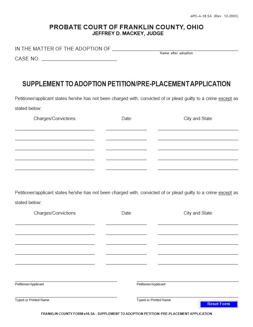 Supplement To Adoption Petition Pre Placement Application {18.SA} | Pdf Fpdf Doc Docx | Ohio