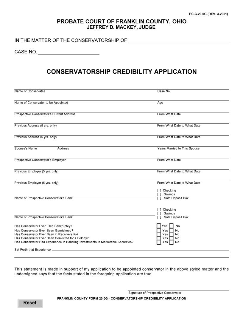 Conservatorship Credibility Application {20.0G} | Pdf Fpdf Doc Docx | Ohio
