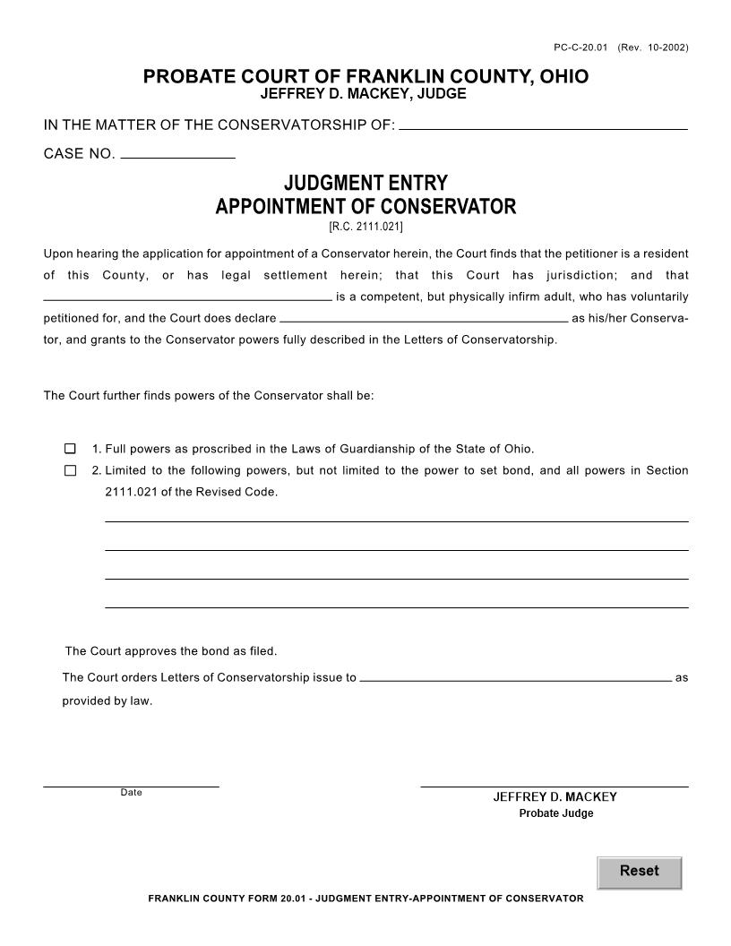 Judgment Entry Appointment Of Conservator {20.01} | Pdf Fpdf Doc Docx | Ohio