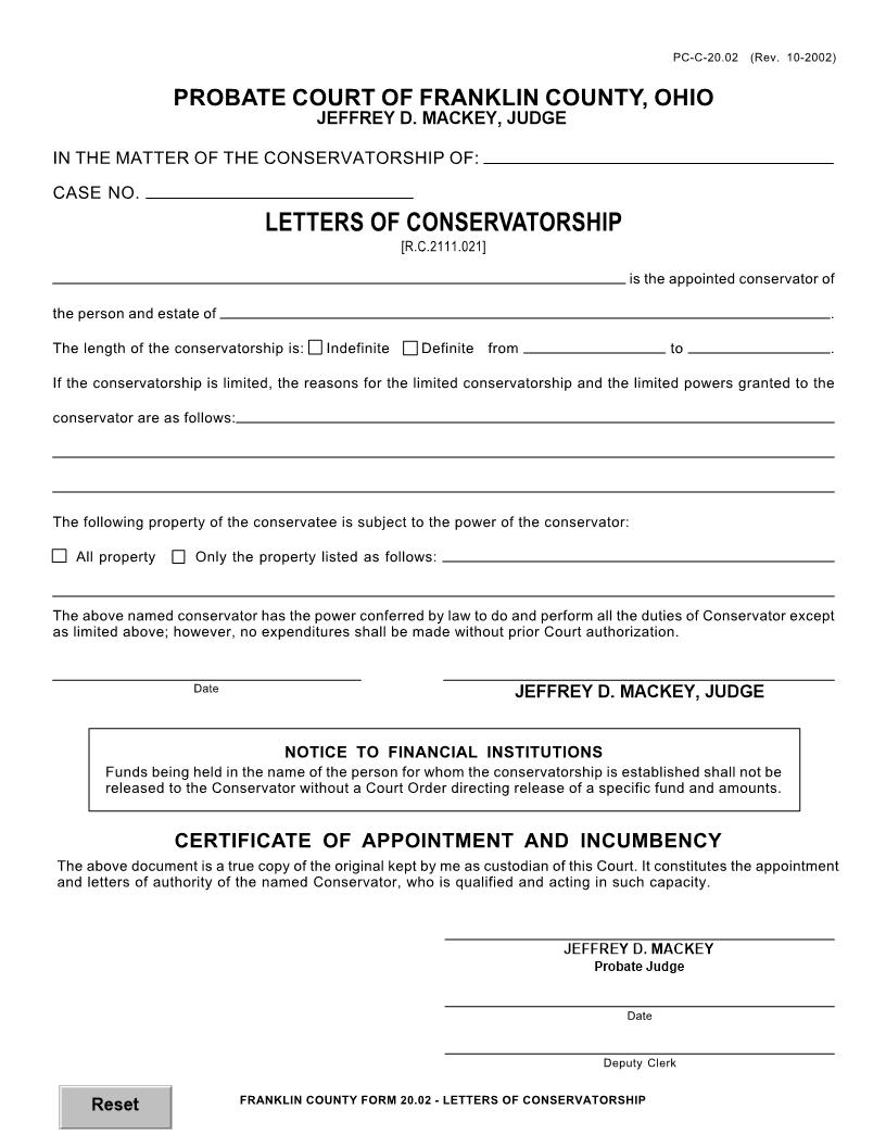 Letters Of Conservatorship {20.02} | Pdf Fpdf Doc Docx | Ohio
