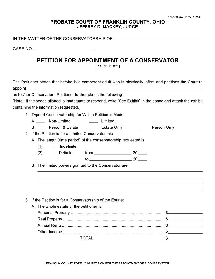 Petition For Appointment Of Conservator {20.0A} | Pdf Fpdf Doc Docx | Ohio