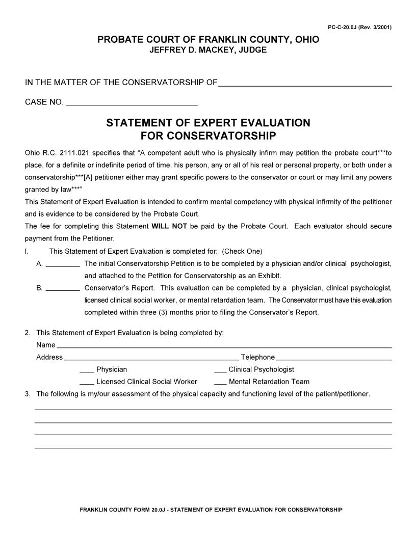 Statement Of Expert Evaluation For Conservatorship {20.0J} | Pdf Fpdf Doc Docx | Ohio