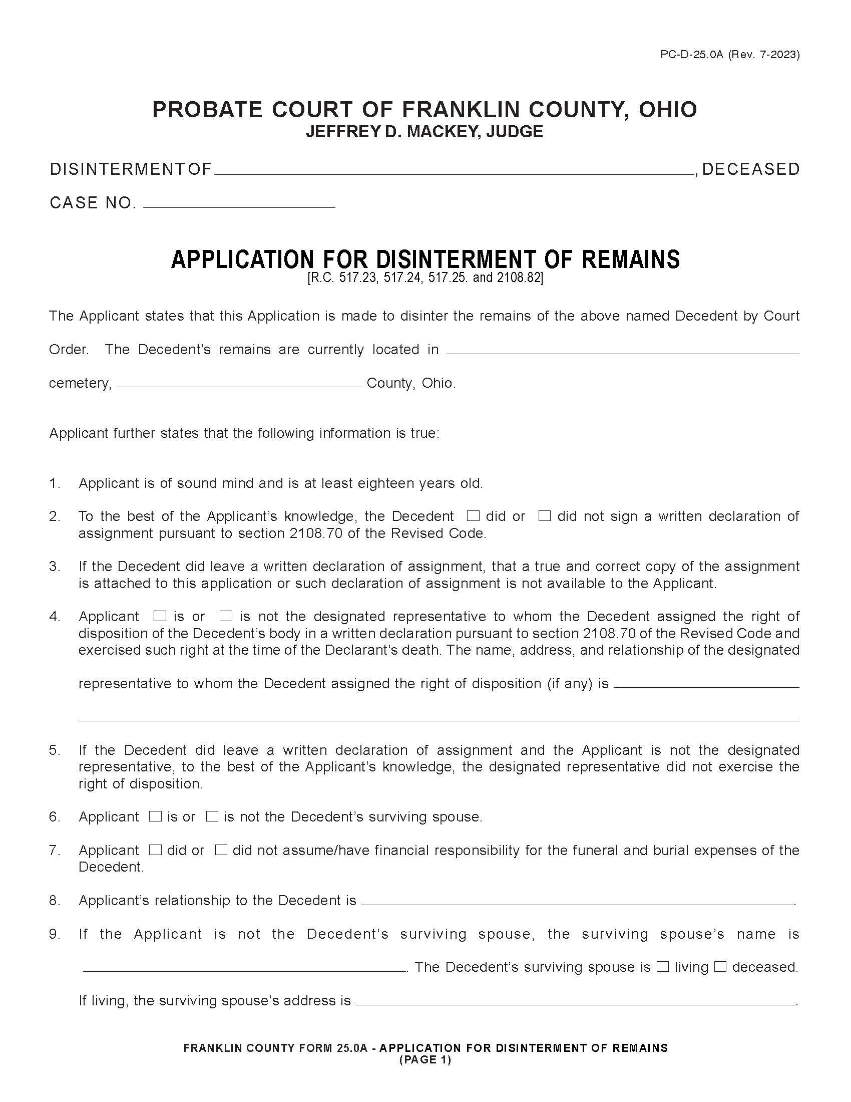 Application For Order To Disinter Remains {PC-D-25.0A} | Pdf Fpdf Doc Docx | Ohio