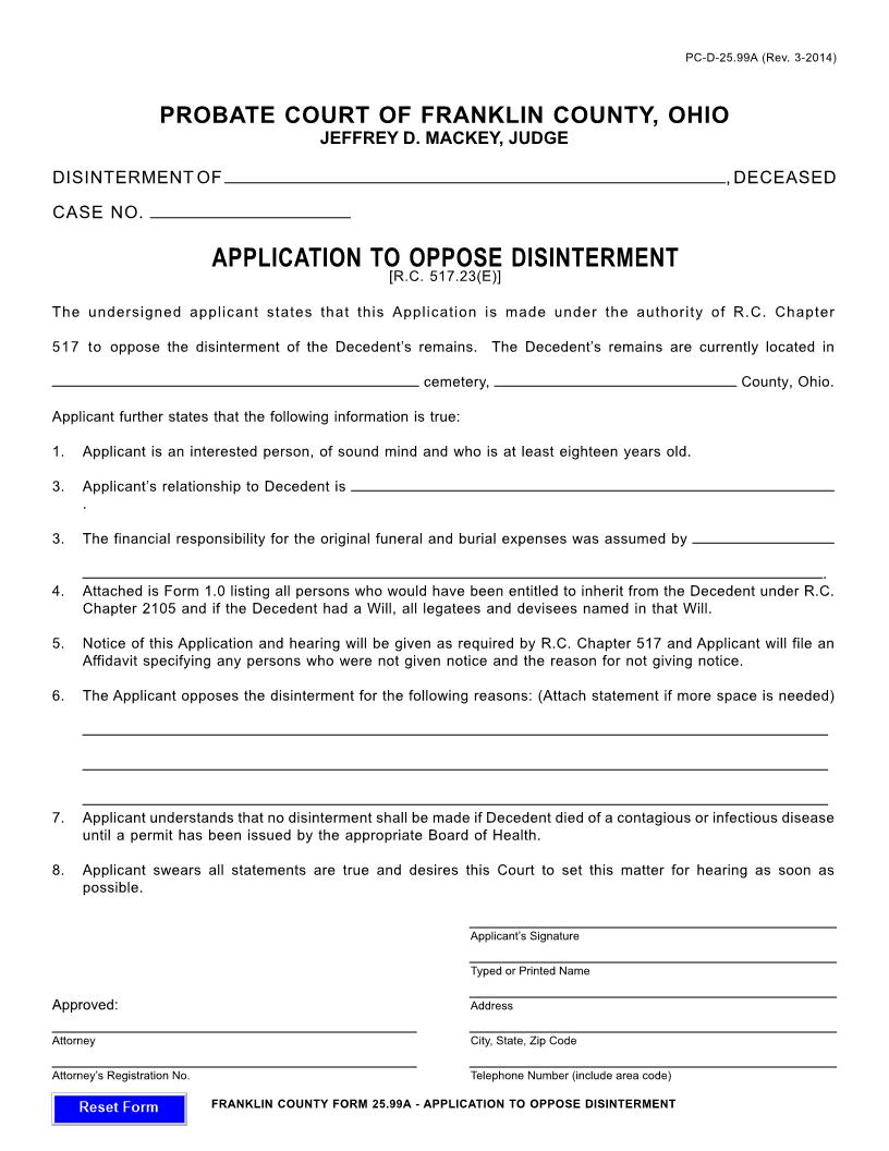 Application To Oppose Disinterment {PC-D-25.99A} | Pdf Fpdf Doc Docx | Ohio