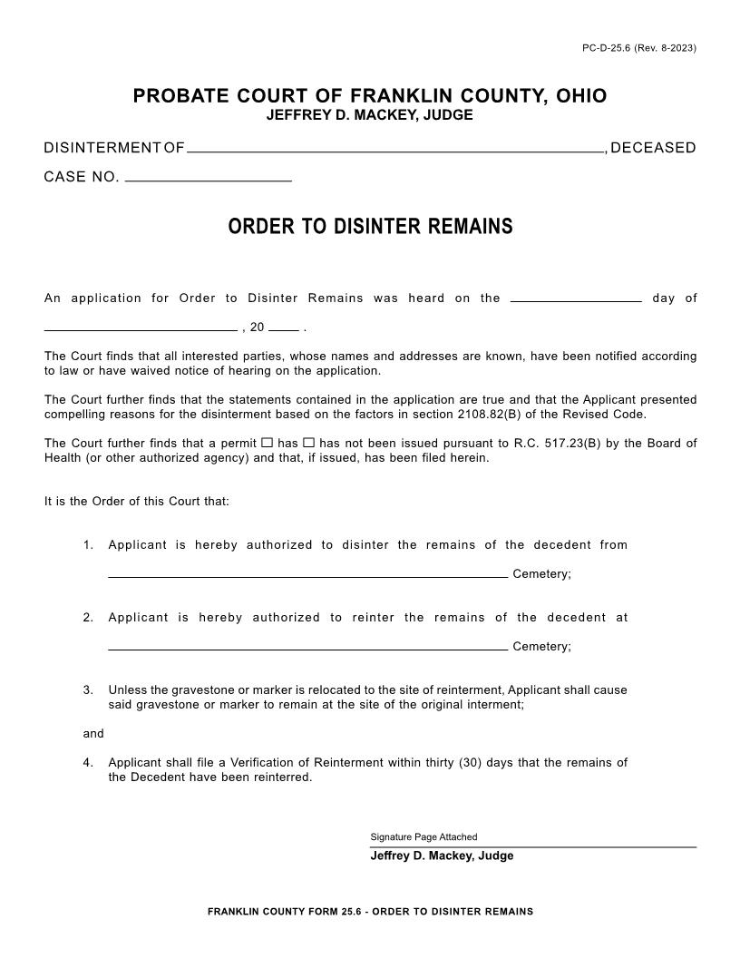 Order To Disinter Remains {PC-D-25.6} | Pdf Fpdf Doc Docx | Ohio