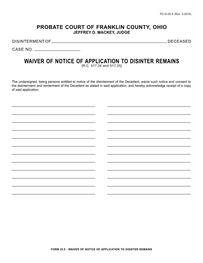 Waiver Of Notice Of Application To Disinter Remains {PC-D-25.5} | Pdf Fpdf Doc Docx | Ohio