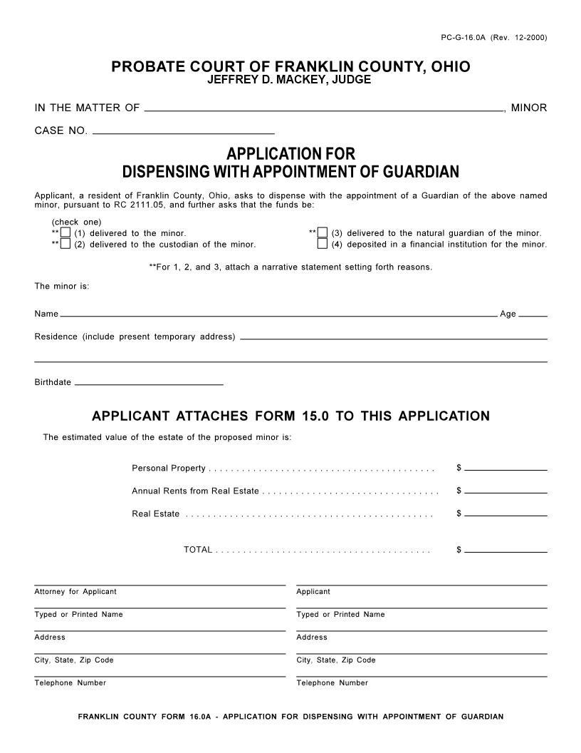 Application For Dispensing With Appointment Of Guardian {16.0A} | Pdf Fpdf Doc Docx | Ohio