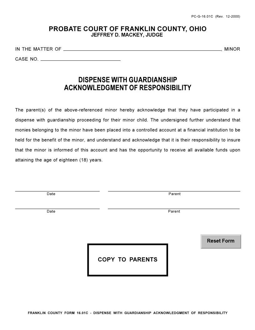 Dispense With Guardianship Acknowledgment Of Responsibility {16.01C} | Pdf Fpdf Doc Docx | Ohio