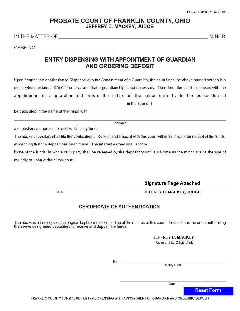 Entry Dispensing With Appointment Of Guardian And Ordering Deposit {16.0B} | Pdf Fpdf Doc Docx | Ohio