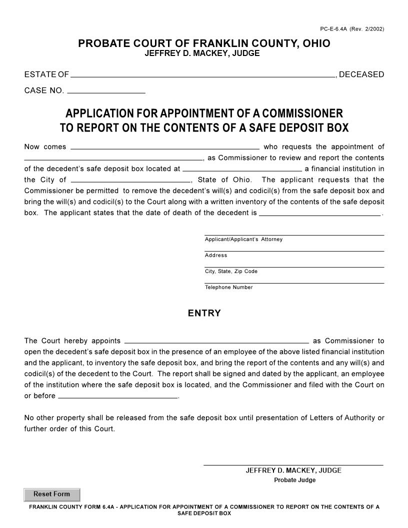 Application For Appointment Of A Commissioner To Report On The Contents Of Safe Deposit Box {6.4A} | Pdf Fpdf Doc Docx | Ohio