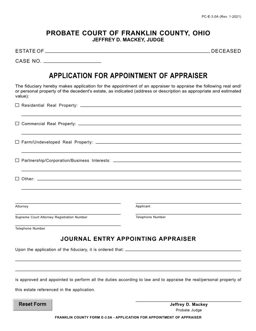 Application For Appointment Of Appraiser {3.0A} | Pdf Fpdf Doc Docx | Ohio
