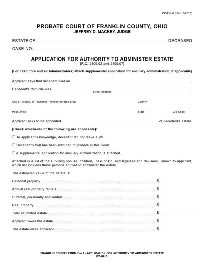 Application For Authority To Administer Estate {4.0} | Pdf Fpdf Docx | Ohio