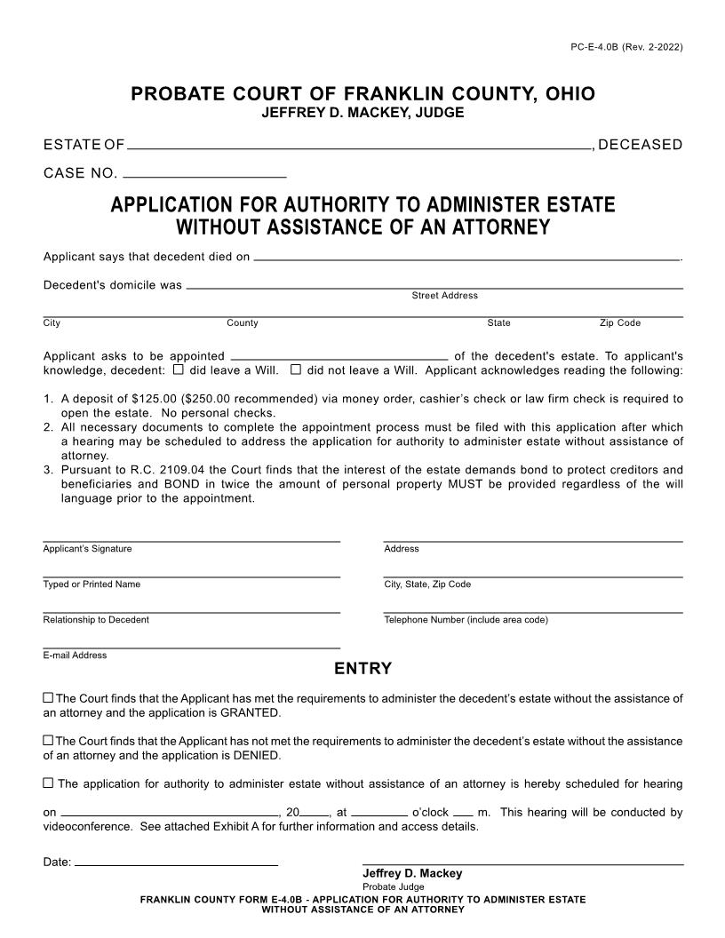 Application For Authority To Administer Estate Without Assistance Of An Attorney {4.0B} | Pdf Fpdf Doc Docx | Ohio