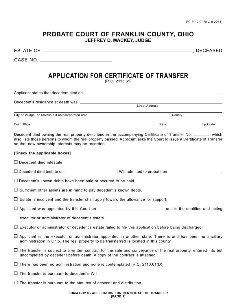 Application For Certificate Of Transfer {12.0} | Pdf Fpdf Docx | Ohio