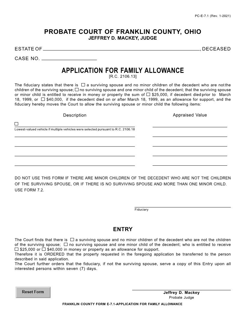 Application For Family Allowance {7.1} | Pdf Fpdf Doc Docx | Ohio