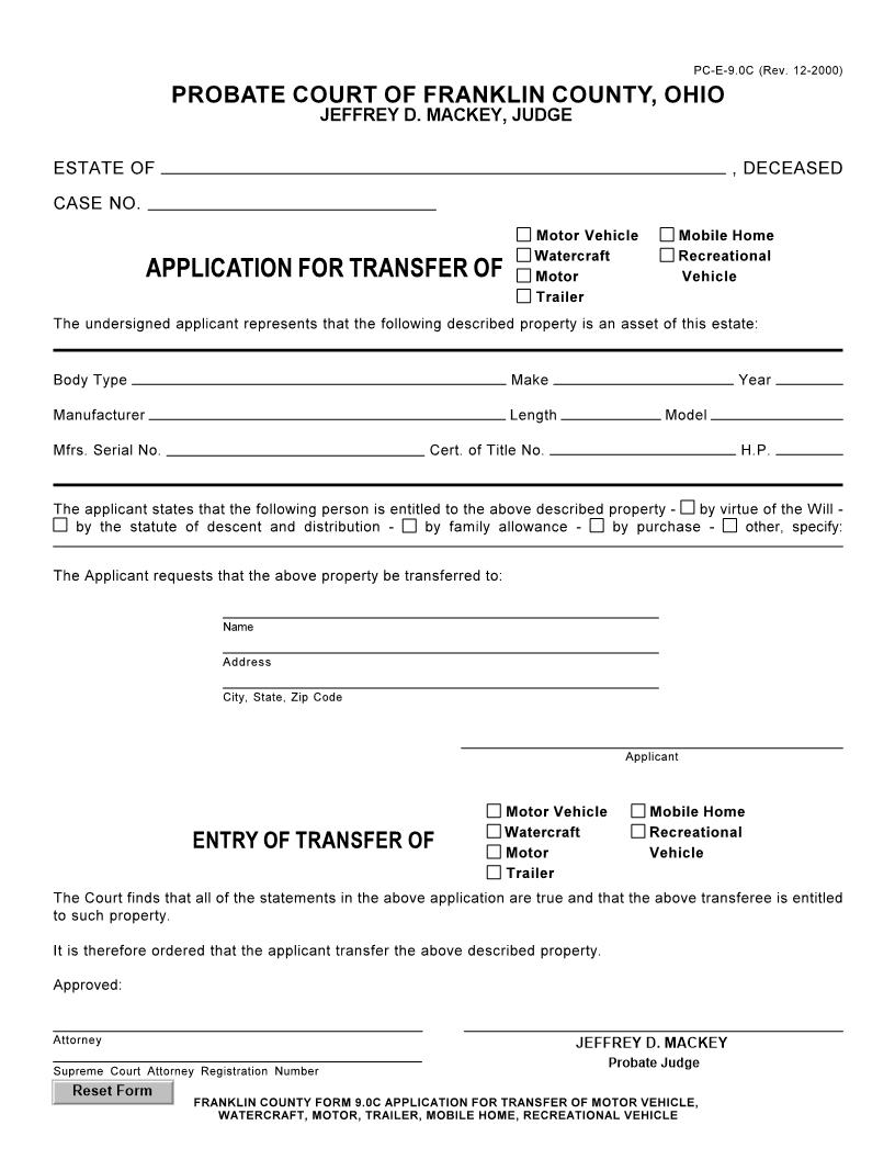 Application For Transfer Of {9.0C} | Pdf Fpdf Doc Docx | Ohio