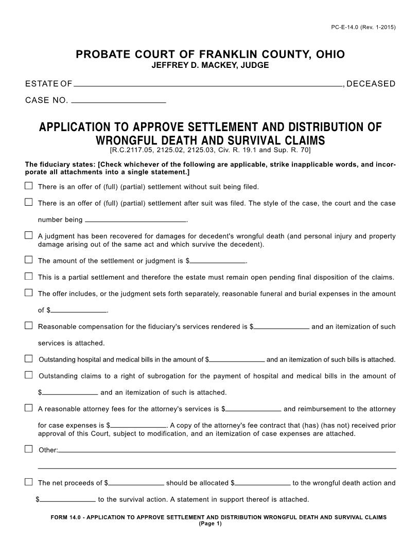 Application To Approve Settlement And Distribution Of Wrongful Death And Survival Claims {14.0} | Pdf Fpdf Doc Docx | Ohio