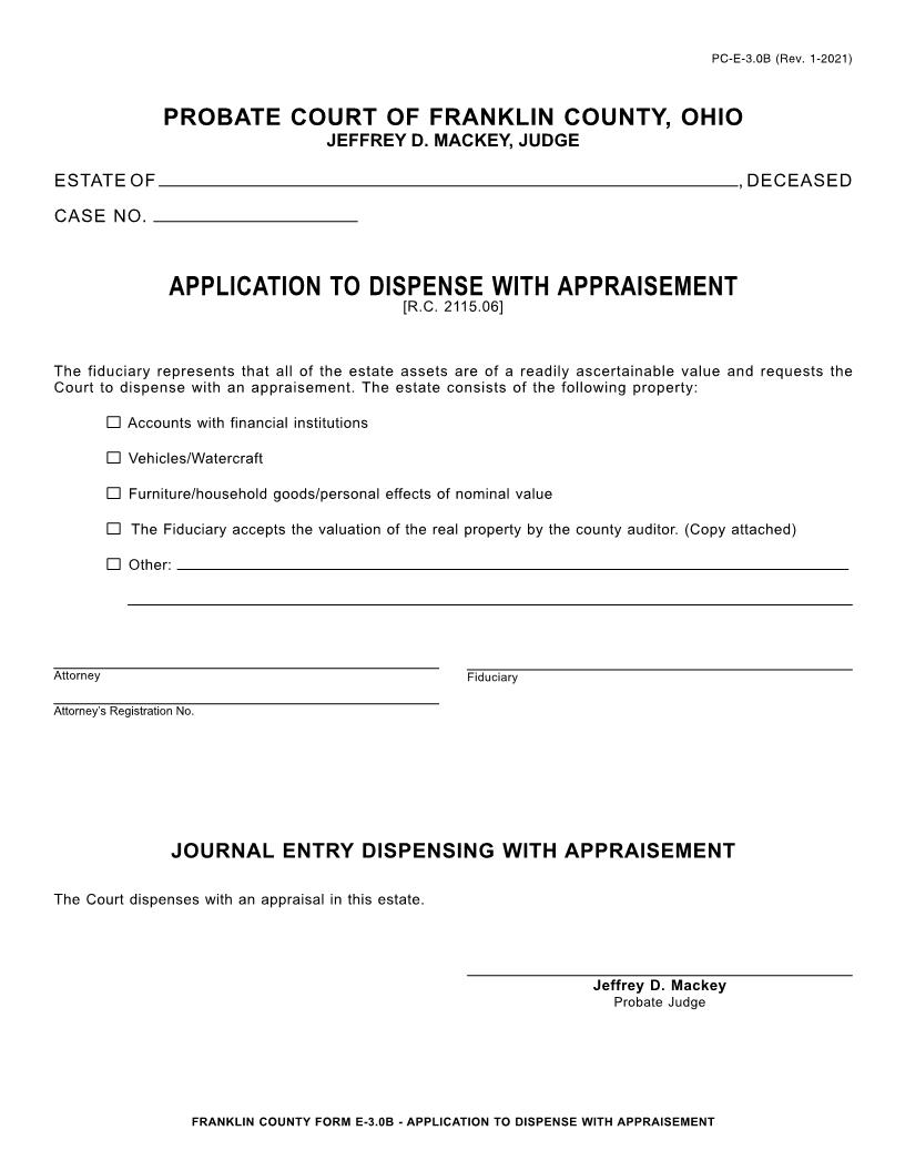 Application To Dispense With Appraisment {3.0B} | Pdf Fpdf Doc Docx | Ohio