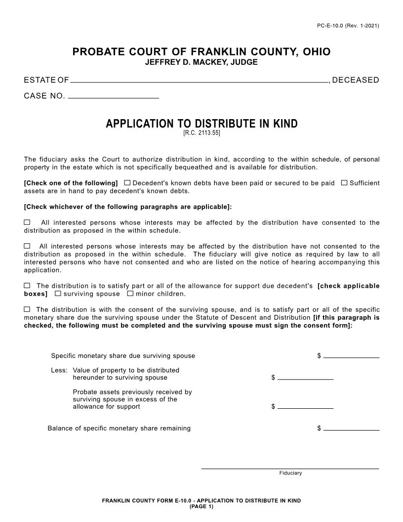 Application To Distribute In Kind {10.0} | Pdf Fpdf Doc Docx | Ohio