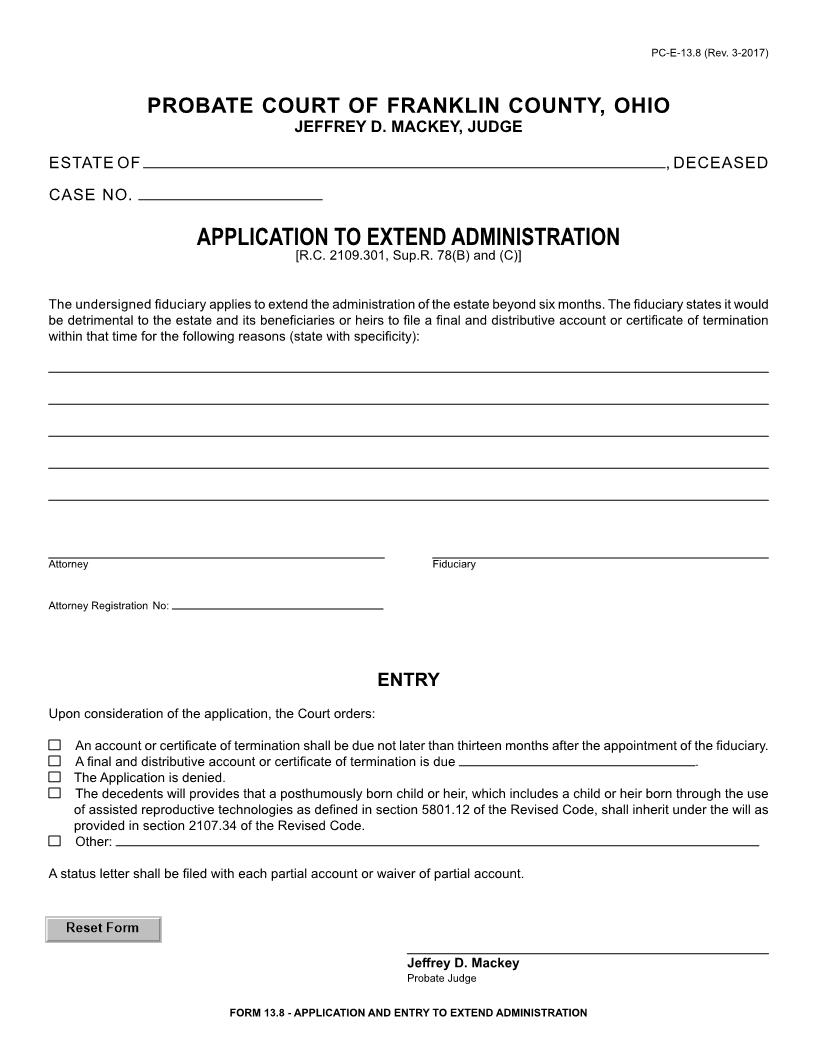 Application To Extend Administration {13.8} | Pdf Fpdf Doc Docx | Ohio