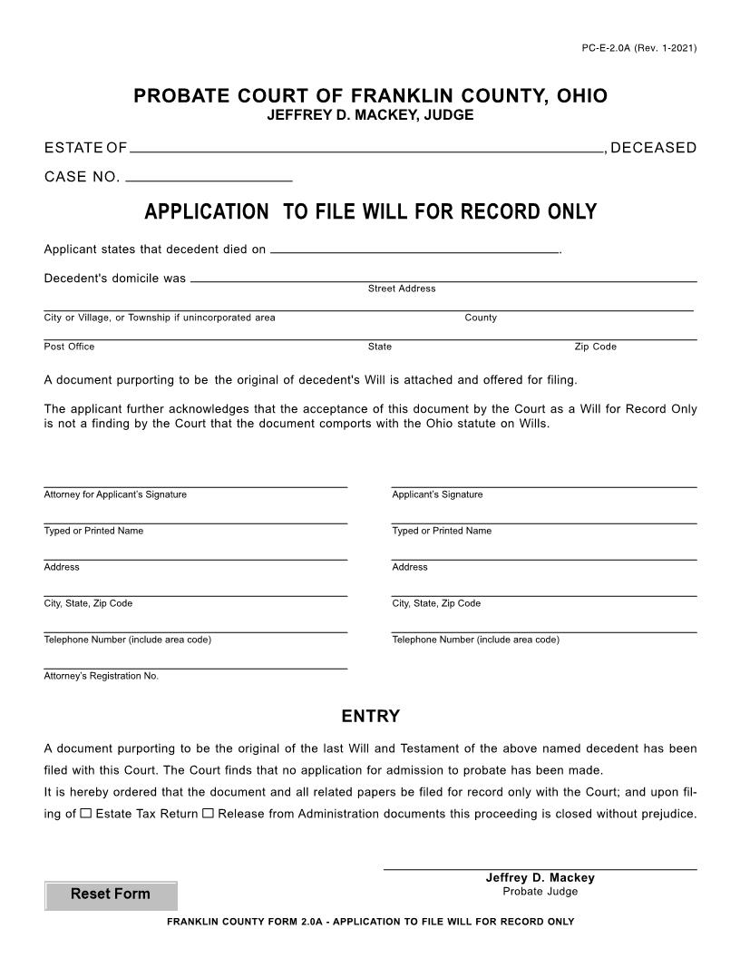 Application To File Will For Record Only {2.0A} | Pdf Fpdf Doc Docx | Ohio