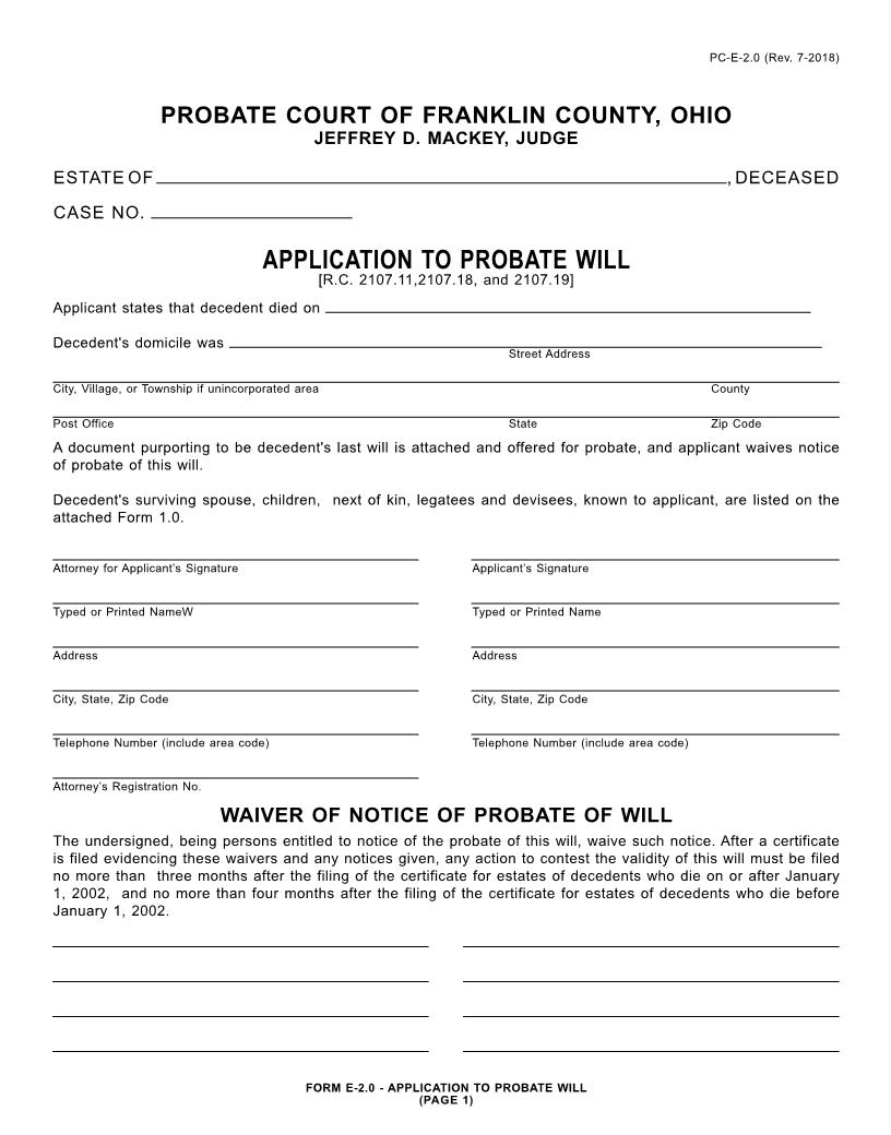 Application To Probate Will {2.0} | Pdf Fpdf Doc Docx | Ohio