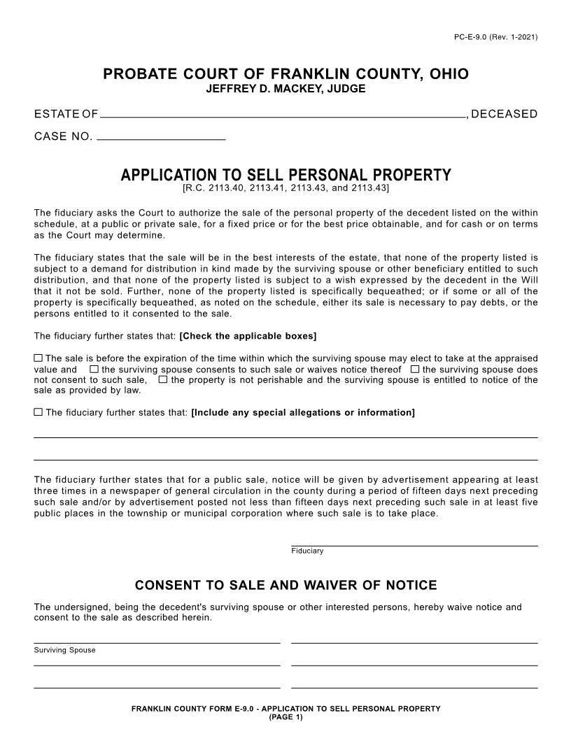 Application To Sell Personal Property {9.0} | Pdf Fpdf Doc Docx | Ohio