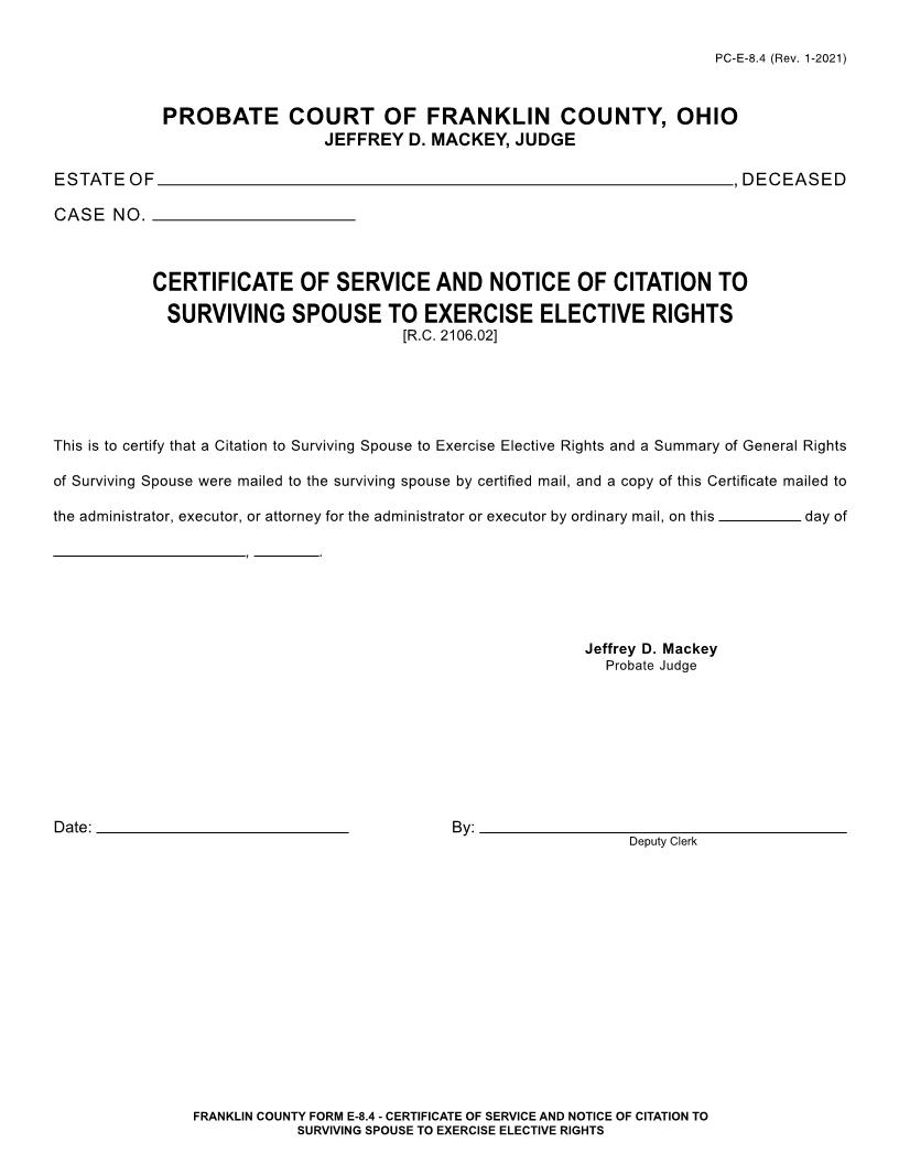 Certificate Of Service And Notice Of Citation To Surviving Spouse To Exercise Elective Rights {8.4} | Pdf Fpdf Doc Docx | Ohio