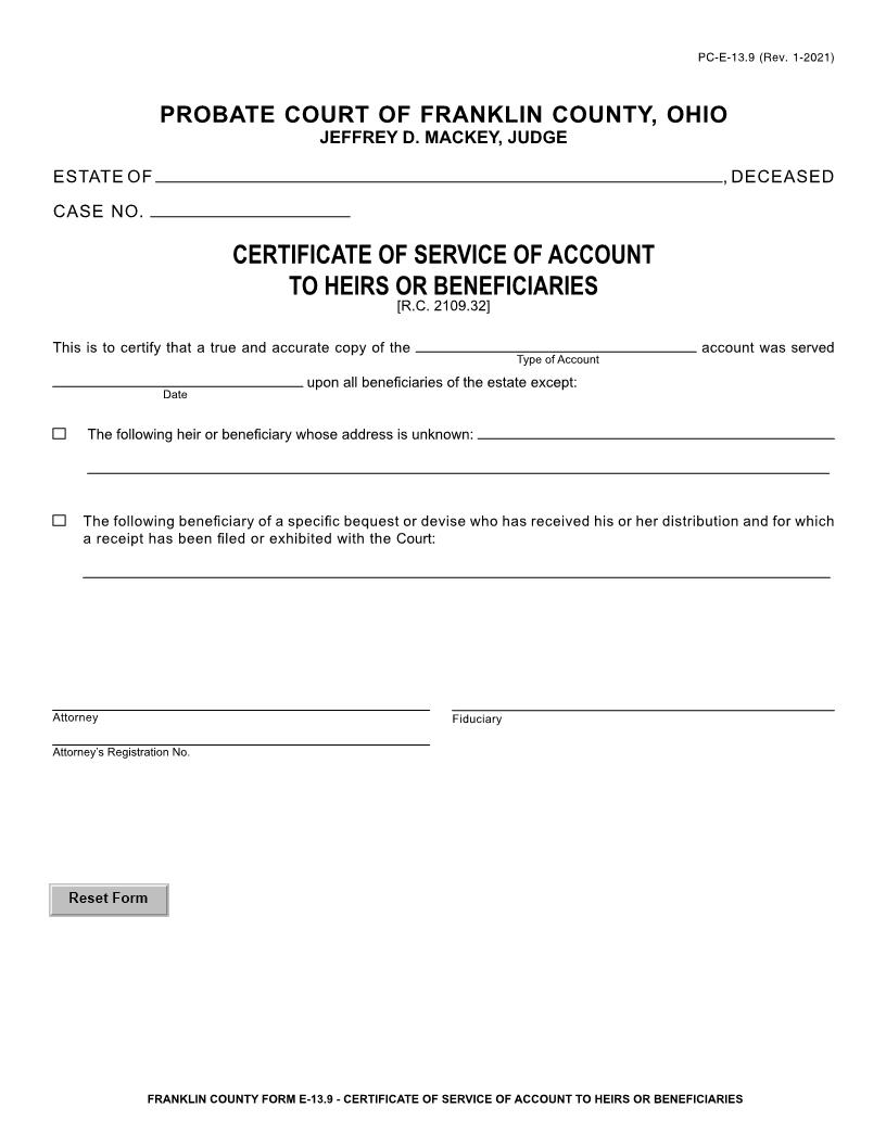 Certificate Of Service Of Account To Heirs Or Beneficiaries {13.9} | Pdf Fpdf Doc Docx | Ohio