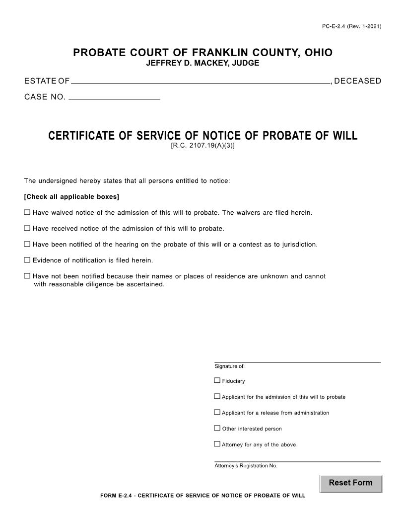 Certificate Of Service Of Notice Of Probate Of Will {2.4} | Pdf Fpdf Doc Docx | Ohio