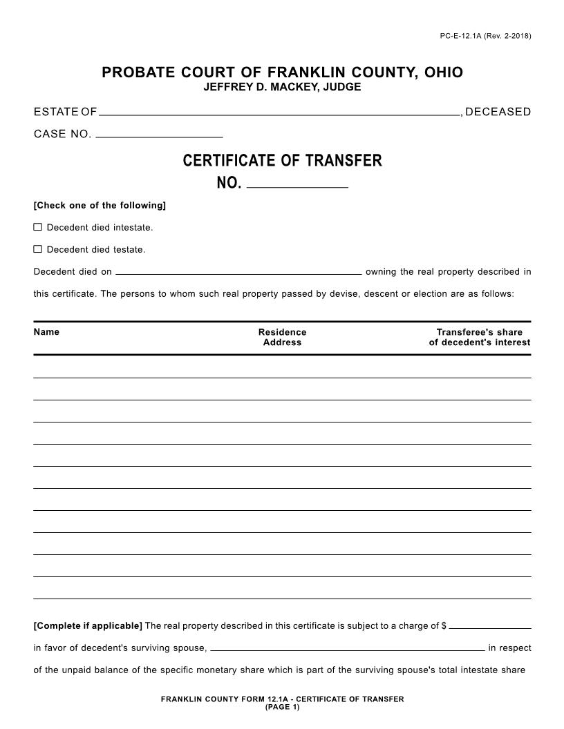 Certificate Of Transfer {12.1} | Pdf Fpdf Docx | Ohio