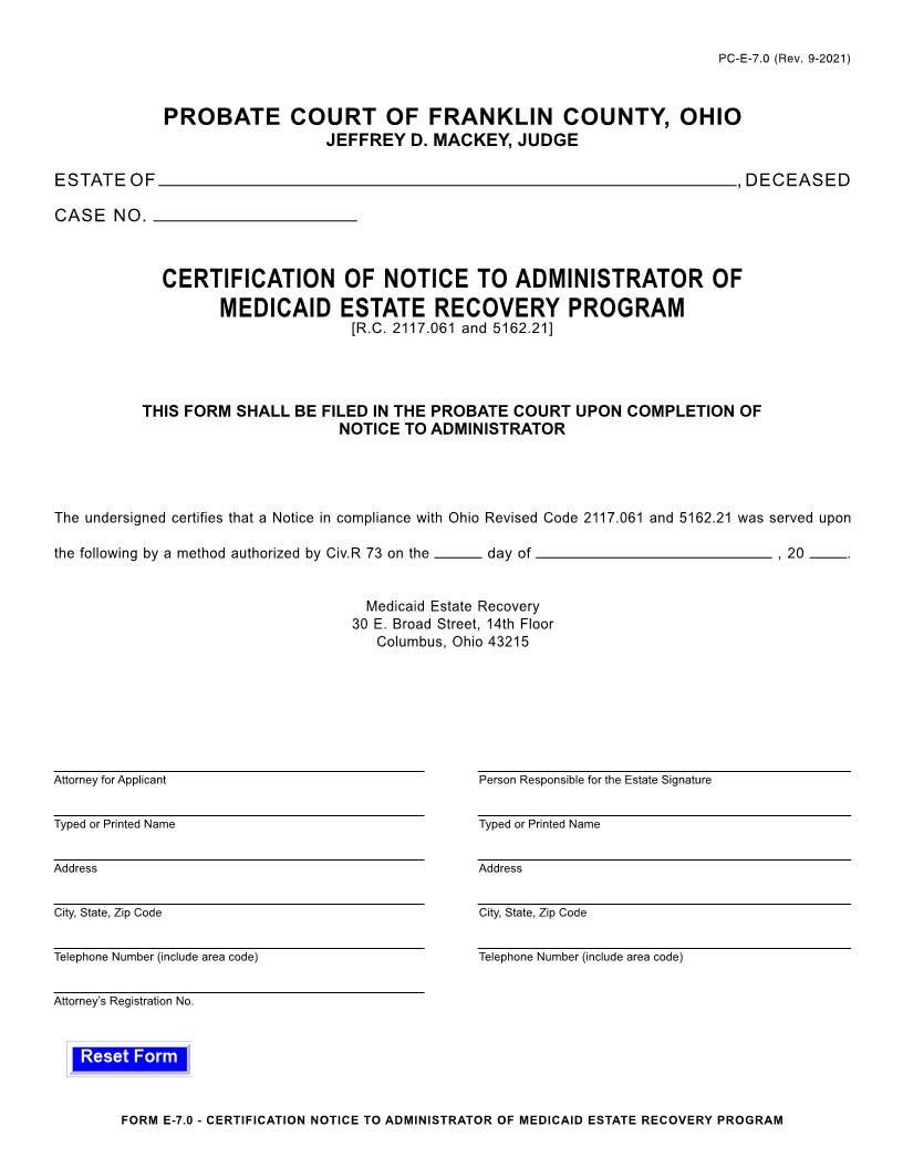 Certification Of Notice To Administrator Of Medicaid Estate Recovery Program {PC-E-7.0} | Pdf Fpdf Doc Docx | Ohio