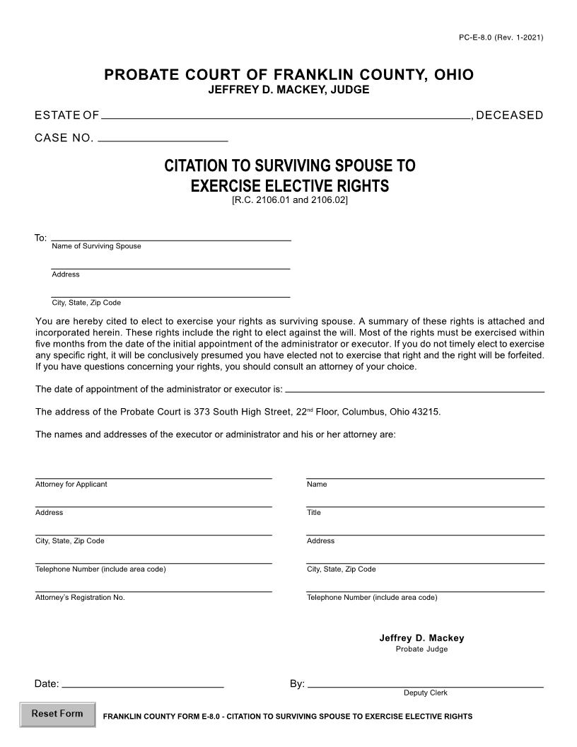 Citation To Surviving Spouse To Exercise Elective Rights {8.0} | Pdf Fpdf Doc Docx | Ohio