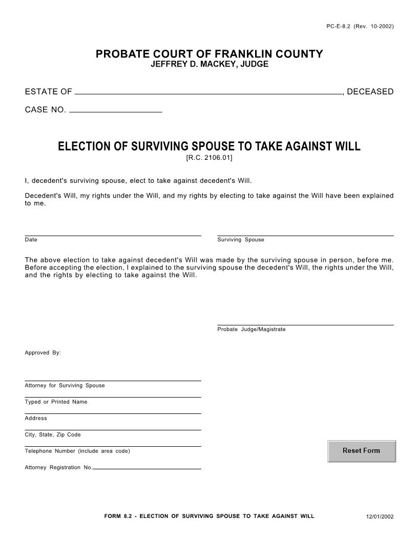 Election Of Surviving Spouse To Take Against Will {8.2} | Pdf Fpdf Doc Docx | Ohio