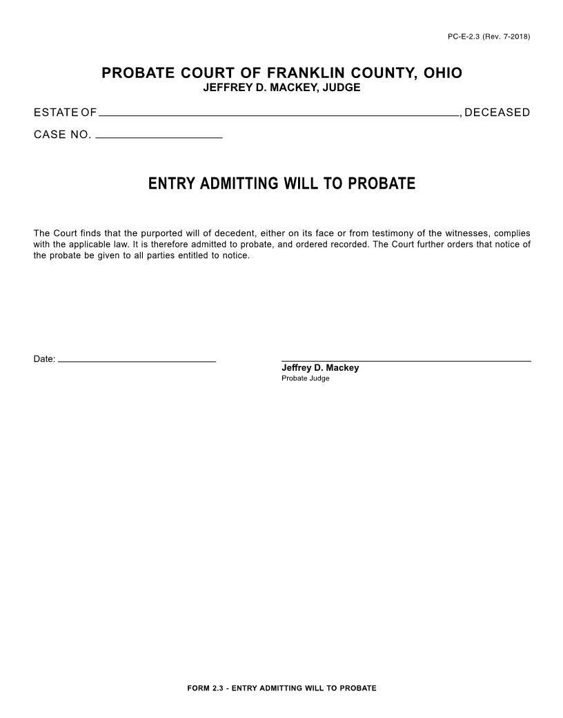 Entry Admitting Will To Probate {2.3} | Pdf Fpdf Doc Docx | Ohio