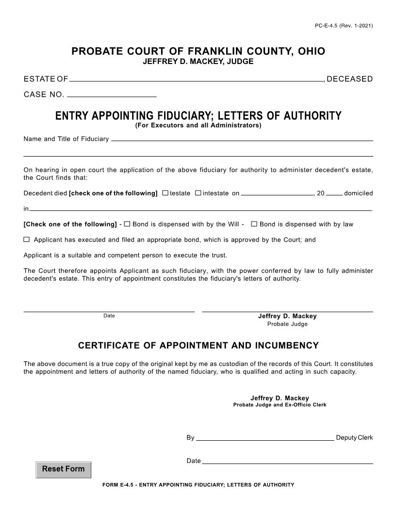 Entry Appointing Fiduciary Letters Of Authority {4.5} | Pdf Fpdf Doc Docx | Ohio