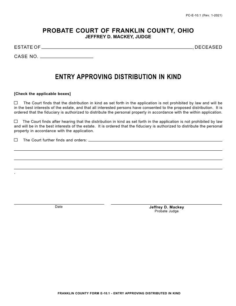 Entry Approving Distribution In Kind {10.1} | Pdf Fpdf Doc Docx | Ohio