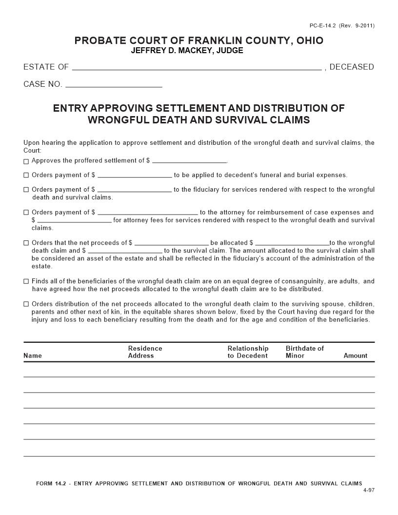 Entry Approving Settlement And Distribution Of Wrongful Death And Survival Claims {14.2} | Pdf Fpdf Doc Docx | Ohio