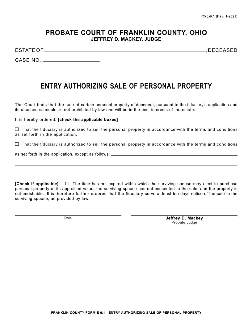 Entry Authorizing Sale Of Personal Property {9.1} | Pdf Fpdf Doc Docx | Ohio