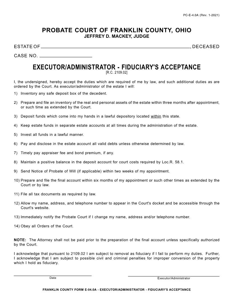 Executor Administrator Fiduciarys Acceptance {4.0A} | Pdf Fpdf Doc Docx | Ohio